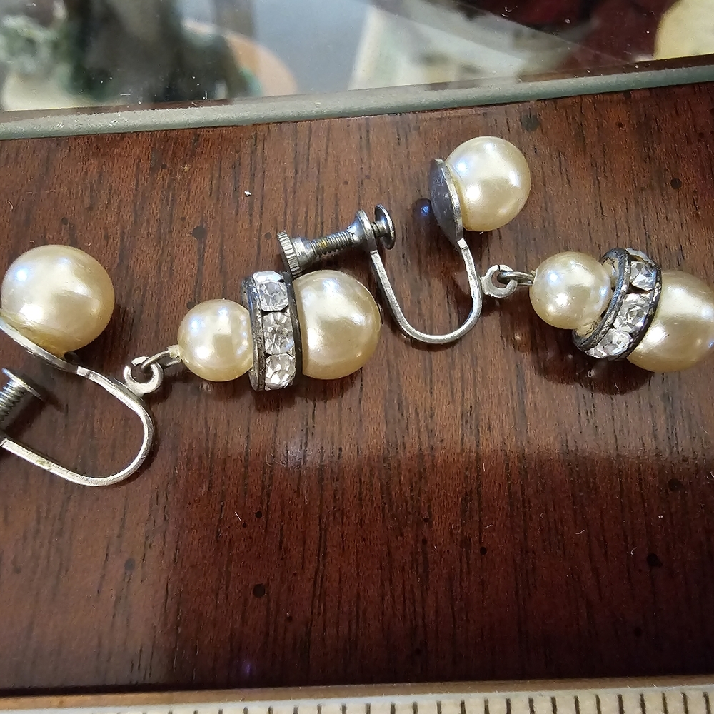 FabulousAntique Screwback Faux Pearl and Rhinestone Dangle Earrings